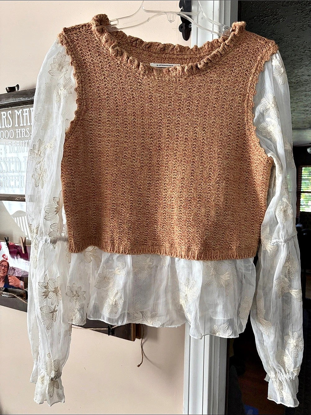 Anthropologie Floral Knit Blouse Brown & White Small